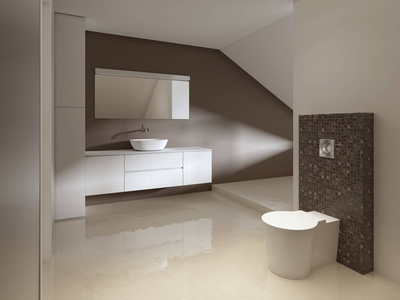 浴室采用当代风格的棕色和白色。 三维渲染。