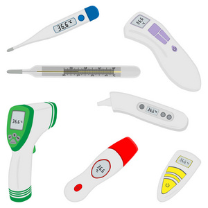 图示主题大彩色设置不同类型的医院温度计。 由带有质量控制的收集附件组成的温度计。 塑料温度计是主要的医学目标。