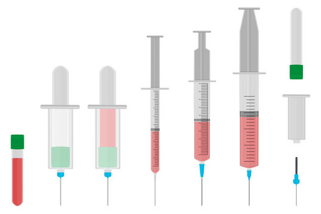 插图主题大彩色设置不同类型的注射器针为医院。 注射器由带有质量控制针的收集附件组成。 注射器针头主要药物符号