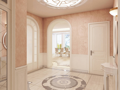 大堂的内部是古典风格的奶油色，地板上有大理石图案，通往楼梯。 三维渲染。