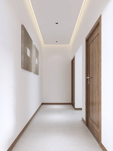白色走廊，现代风格与木制配件。 三维渲染。