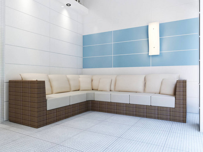 游泳池房间里藤制的现代软沙发。 三维渲染。