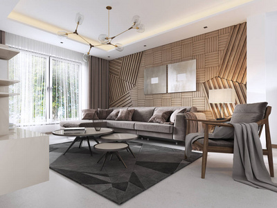 现代风格的豪华客厅，墙上有木制装饰板。 带沙发和餐桌的工作室公寓。 三维渲染。