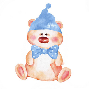 帽子里的卡通泰迪熊玩具. 水彩风格照片