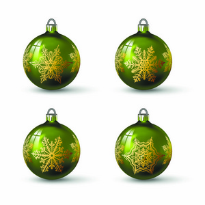 橄榄绿色的圣诞球，上面有不同的雪花装饰。 一套孤立的现实玻璃球。 矢量插图为您的设计。