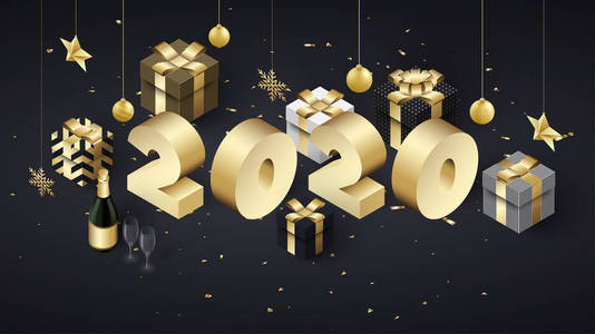 新年快乐2020贺卡与金色3d 礼物和冠军