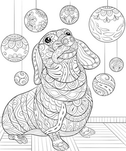 一只可爱的狗，带有圣诞装饰球和禅宗装饰形象，供成年人放松活动。印刷用海报设计。