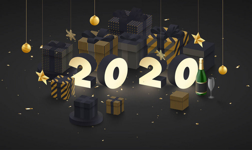 新年快乐2020海报与金色的3d 礼物和香槟