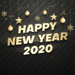 新年快乐2020闪亮的卡片与金黄圣诞球和 c