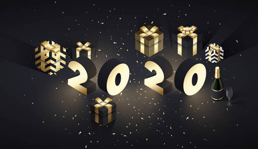 新年2020年海报3d 礼物, 香槟和五彩纸屑