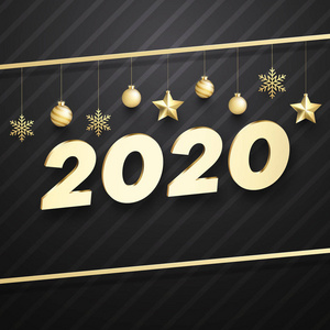 快乐的新年2020卡与金色的圣诞球和数字