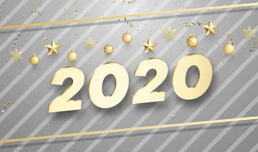 快乐新年2020海报与金色的圣诞球和无花果