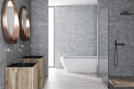 现代浴室的内部有混凝土墙木地板带玻璃墙的淋浴白色浴缸和两个圆形镜子的双大理石水槽。3D渲染