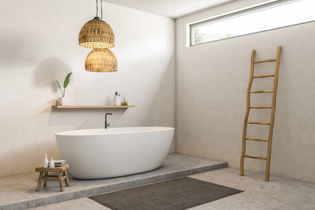 现代浴室内部角落，白色墙壁，混凝土地板，白色浴缸，上面有洗发水的架子和靠近墙壁的梯子。3D渲染