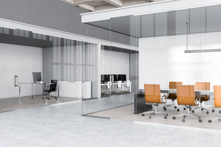灰砖办公室大堂，玻璃墙会议室，米色椅子，经理办公室及空地区域..3D渲染