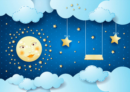 超现实的夜晚，满月悬挂着星星和秋千。 矢量图eps10