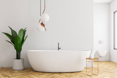 现代浴室的内部，白色墙壁，木制地板，白色浴缸，站在椅子旁边，洗发水和盆栽。 3D渲染