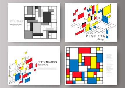 演示文稿的简约抽象矢量可编辑布局幻灯片设计业务模板。抽象多边形背景, 五颜六色的马赛克图案, 复古的布豪斯德斯蒂德尔设计