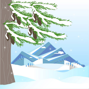 浪漫的冬天背景，绿杉树，棕锥山，白雪，蓝天，手工绘制的股票矢量插图，供打印