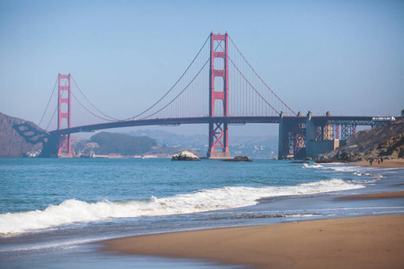经典全景从贝克海滩看到著名的金门大桥，在美丽的夏天，阳光明媚，蓝天，旧金山，加利福尼亚，美国