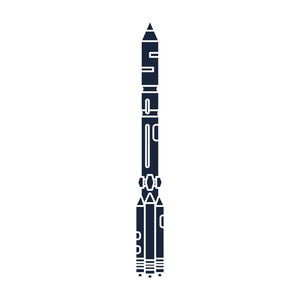 平面单色剪影矢量图标元素的航空航天程序多级火箭。卡通风格的火箭, 宇航员的冒险。太空船技术例证。空间调查。星系。标志