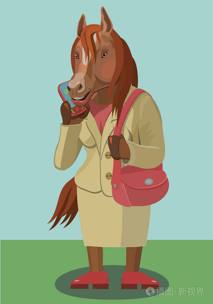 马女拿着一个袋子在电话上说话/马在手机上说话,给朋友和熟人带来了小