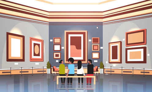 美术展览简笔画人们游客游客在现代美术馆博物馆内部坐在长凳上看当代