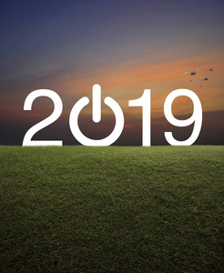 2019年开始商业平面图标与绿草地在夕阳的天空与鸟儿快乐的新年2019概念