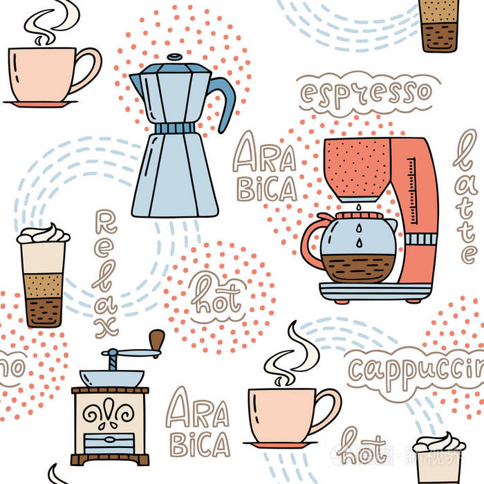无缝图案与手绘咖啡时间符号和手写短语。 白色背景上的矢量图案可用于包装纸装饰咖啡厅自助餐厅。 矢量插图