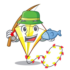 钓鱼可爱的风筝，放在吉祥物矢量插图上