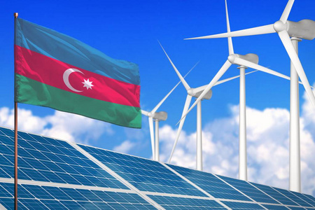 阿塞拜疆太阳能和风能可再生能源概念与风车可再生能源对抗全球变暖工业插图3D插图