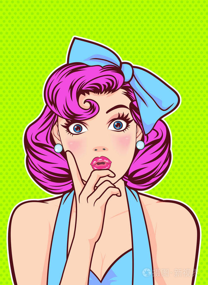 女人好的手势动作与点背景流行艺术漫画风格.