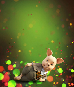 快乐的卡通猪在五颜六色的模糊灯光背景下，2019年是猪的一年，这幅画可以适合你的想法3D插图。