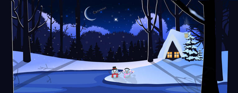 冬季雪夜景观，小房子在森林可爱的雪人和圣诞老人骑在天空。 矢量插图横幅海报圣诞新年贺卡模板复制空间。