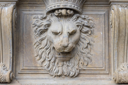 弗洛伦泽宫皮蒂狮子雕像浮雕。 帕蒂宫墙上的狮子。