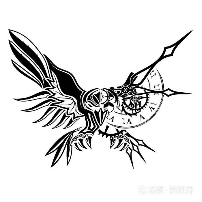张开翅膀的乌鸦的矢量图像. 时钟. 无穷大的符号. 活的和机械的.
