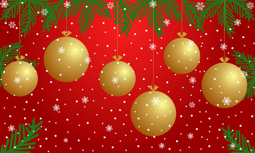 圣诞背景与金球，雪花和树枝圣诞树上的红色背景。