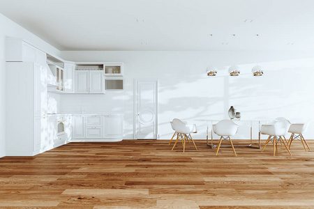 白色经典厨房内部和餐饮3D渲染