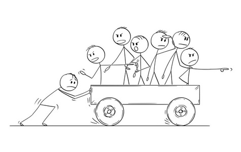 小组或团队的男人或商人骑在购物车由一个人推动和抱怨速度的漫画