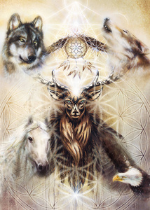 神圣的观赏鹿精神与梦想捕手的标志和羽毛和 merkaba 和生命之花