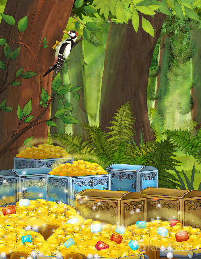 有着深厚森林和宝藏的卡通夏季场景-无人现场-儿童插图