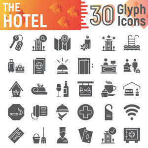 酒店字形图标集, 服务符号收集, 矢量草图, 标志插图, 宿舍标志坚实的象形文字包隔离在白色背景
