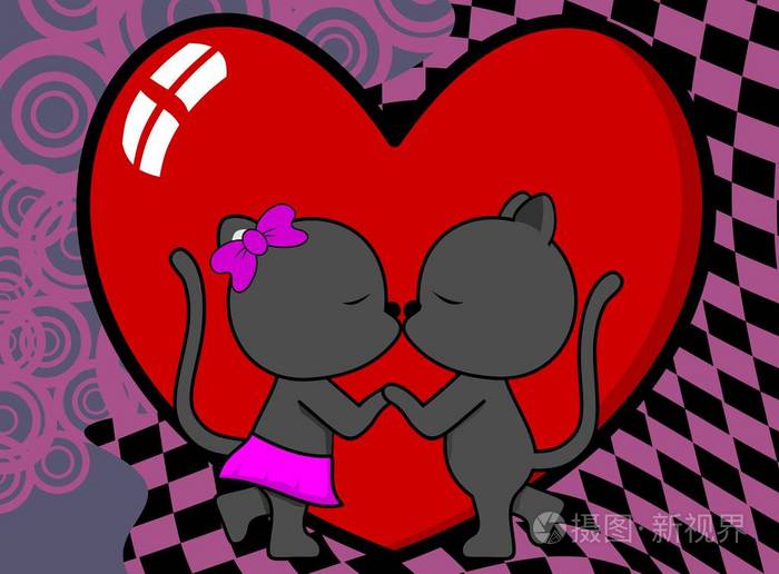 可爱可爱的黑豹男孩和女孩亲吻卡通情人节背景矢量格式，非常容易编辑