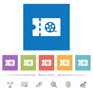 电影折扣优惠券平面白色图标在方形背景。 包括6个奖金图标。