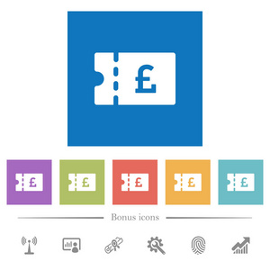 英镑折扣优惠券平面白色图标在方形背景。 包括6个奖金图标。