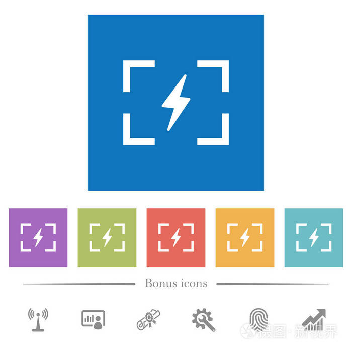 相机闪光灯模式平面白色图标在方形背景。 包括6个奖金图标。