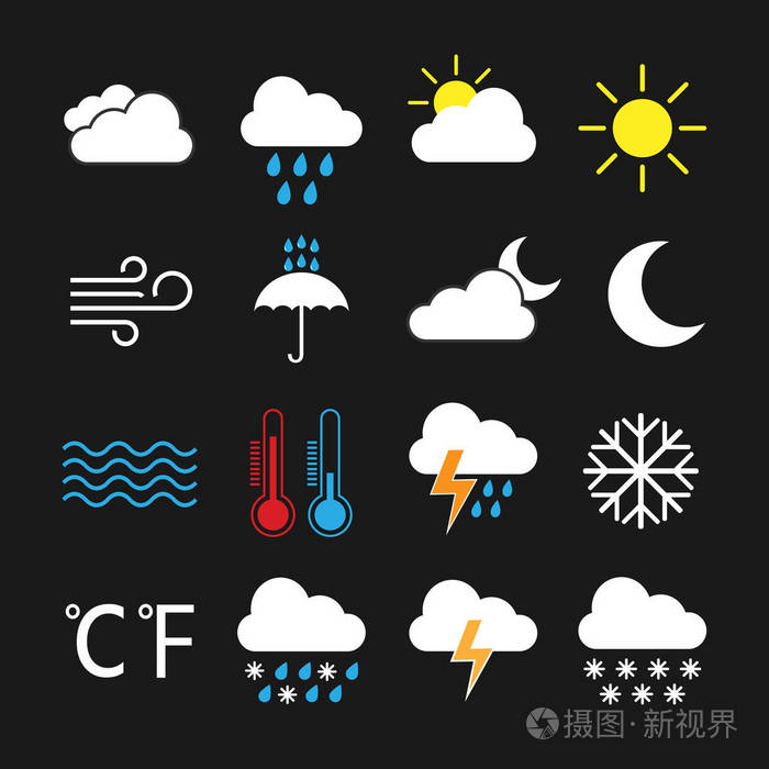 天气图标设置。 矢量插图平面