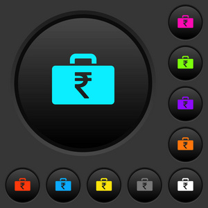 印度卢比袋暗推按钮与生动的颜色图标深灰色背景