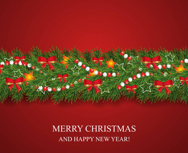 圣诞节和新年快乐花环和边界的现实外观圣诞树树枝装饰红色蝴蝶结，星星和珠子。 水平矢量插图。