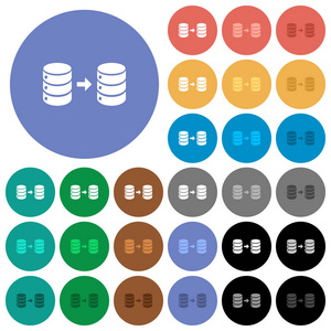 数据库镜像圆形背景上的多彩色平面图标。 包括白光和黑暗图标变化的悬停和主动状态效果和奖金阴影。